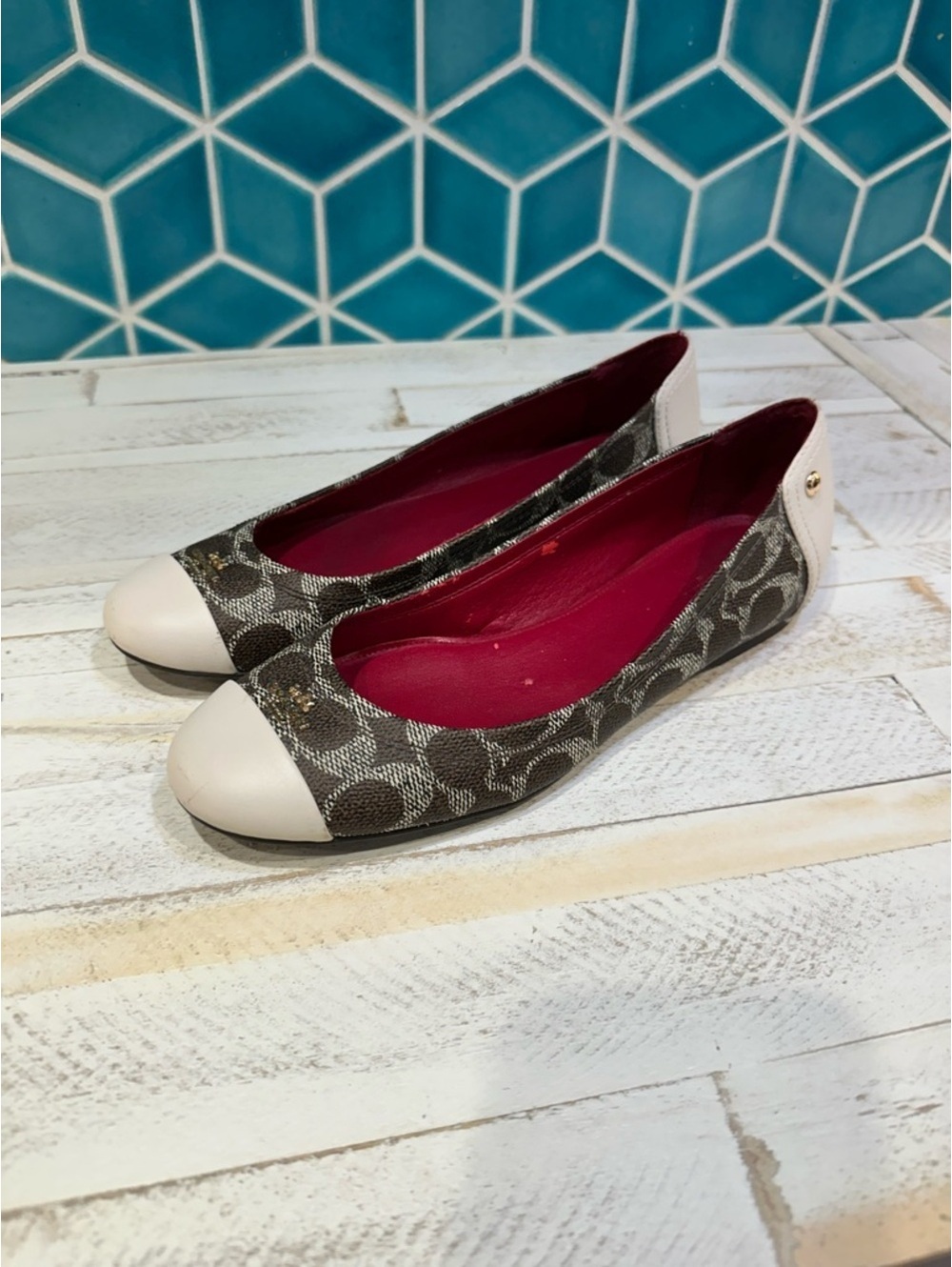 Coach Chelsea Women’s Patterned Canvas Cap-Toe Ballet Flats in White and Brown